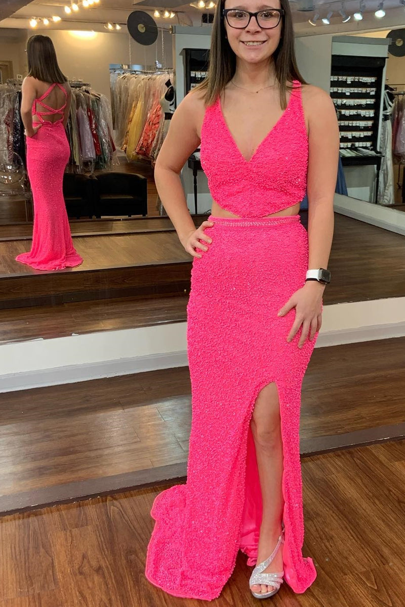 Gorgeous Hot Pink Sequin Mermaid Cutouts Long Prom Dress