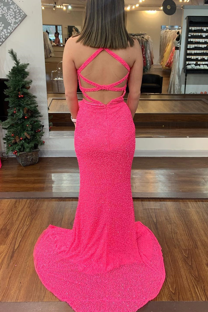 Gorgeous Hot Pink Sequin Mermaid Cutouts Long Prom Dress