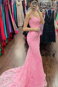 Mermaid Pink Lace Appliques Long Prom Dress