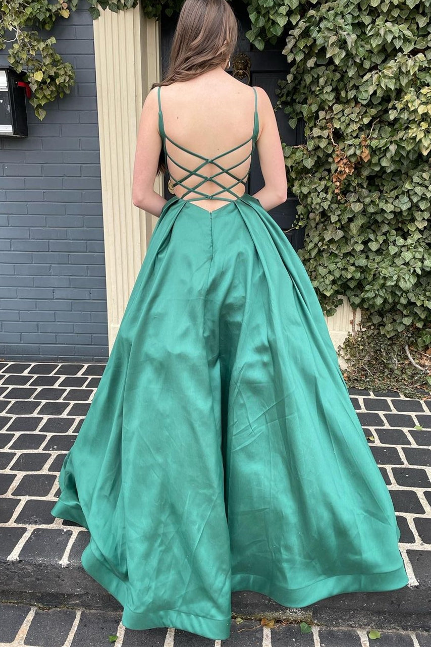 Simply A-line Green Long Prom Dress with Pockets