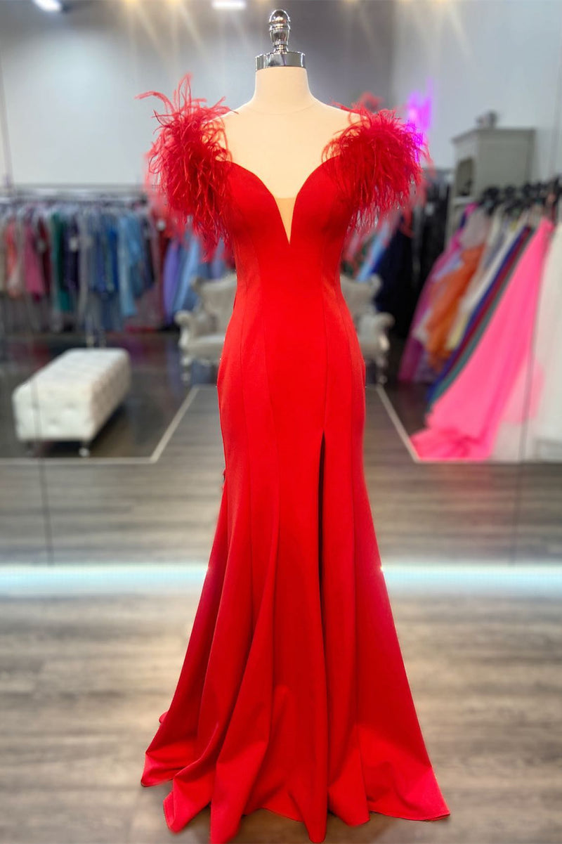 Red Mermaid Fur Off the Shoulder Long Formal Dress