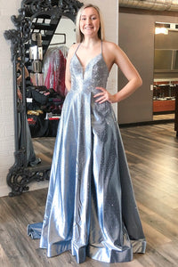 Silver A-line Beaded Satin Long Formal Dress