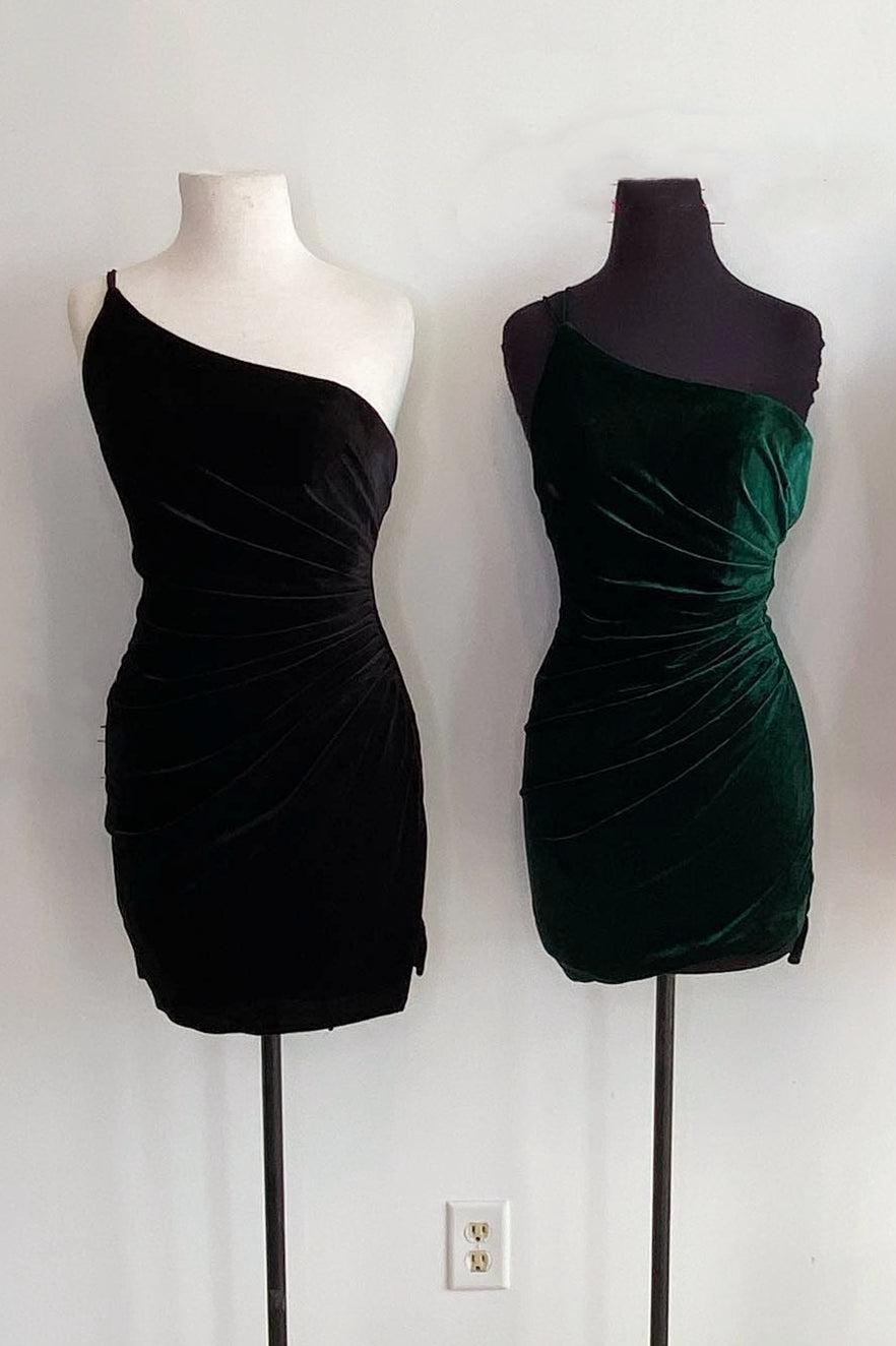 Short Emerald One-Shoulder Ruched Cocktail Dress