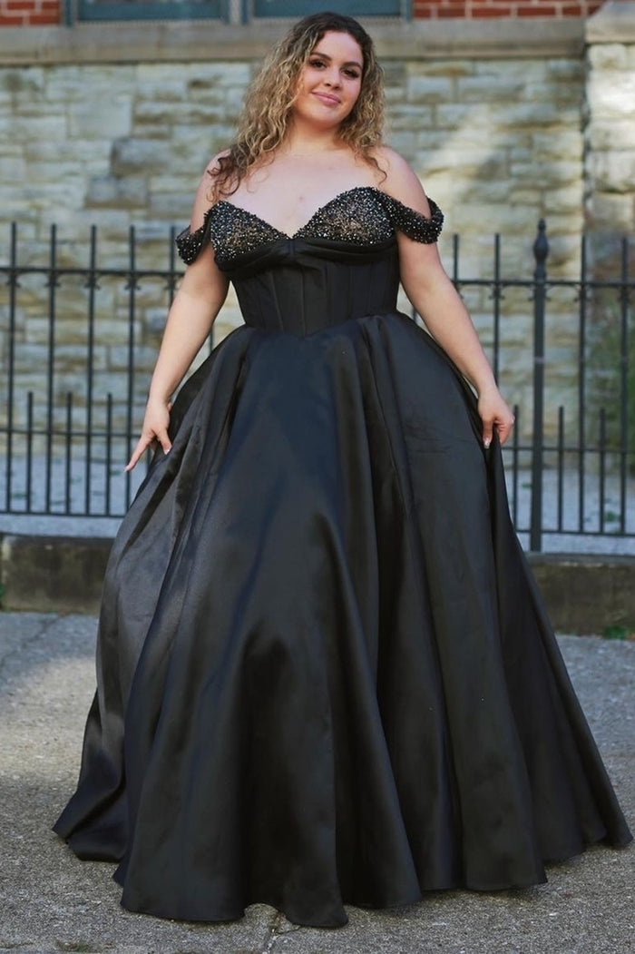 Black Beaded Off-the-Shoulder Empire Waist A-Line Prom Dress