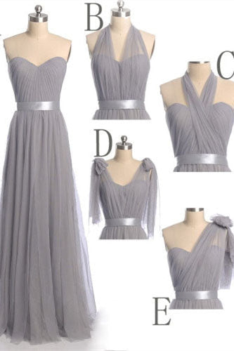 Elegant A-Line Grey Tulle Long Bridesmaid Dress