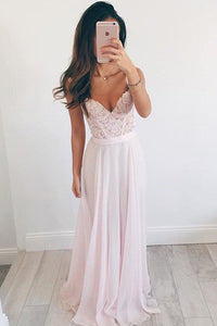Elegant A-line V-neck Long Chiffon Pink Long Prom Dress