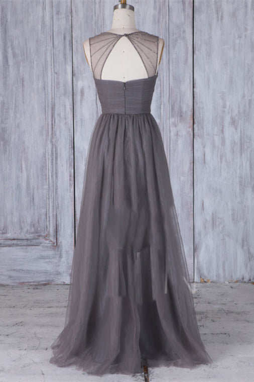 Elegant Grey Long Tulle Bridesmaid Dress with Keyhole Back