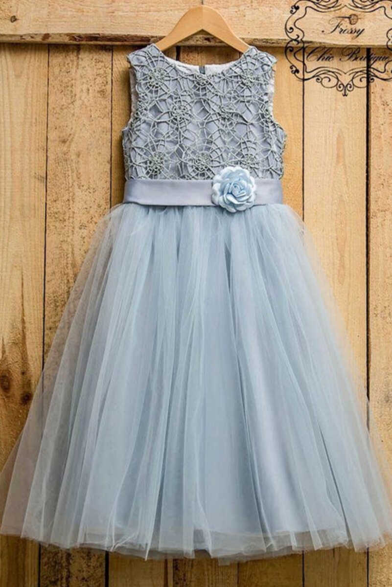 Dusty Blue Tulle Flower A-Line Girl Party Dress