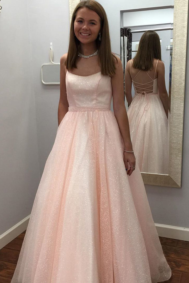 Glitter Princess Lace-Up Pink Long Prom Dress