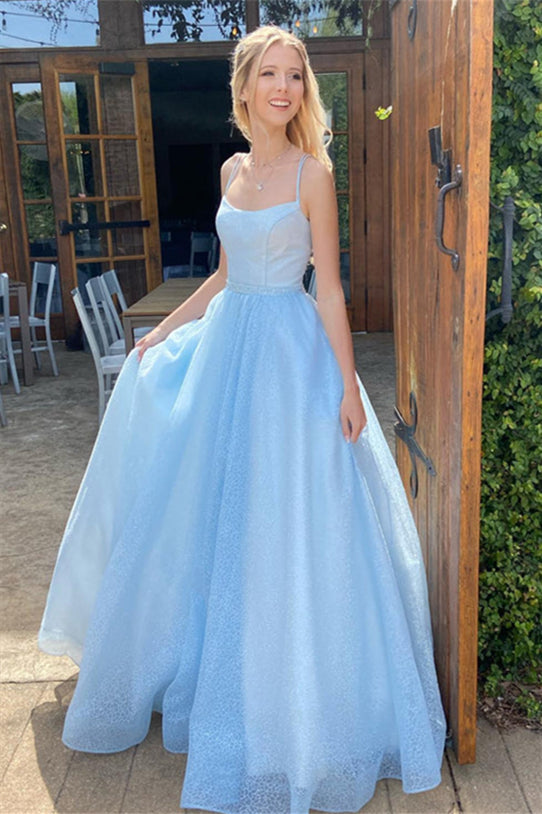 Glitter Princess Lace-Up Light Blue Long Prom Dress