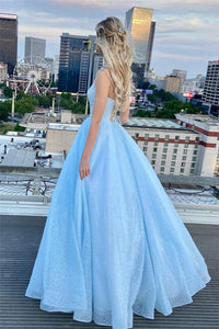 Glitter Princess Lace-Up Light Blue Long Prom Dress