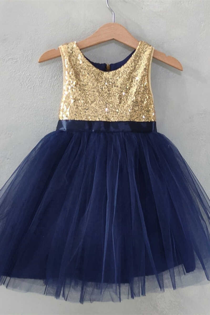 Gold&Navy Blue Sequins Banded Waist Flower Girl Dress