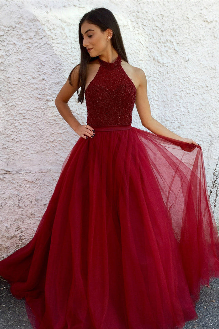 Halter Dark Red Long Tulle Prom Dress Evening Dress