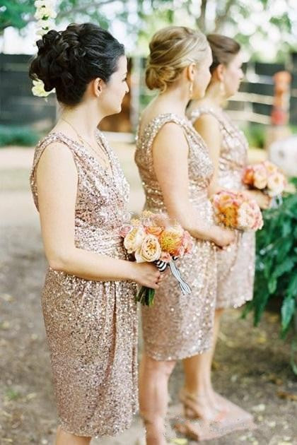 Hot Selling Sexy V-neck Knee-Length Sequin Champagne Bridesmaid Dress