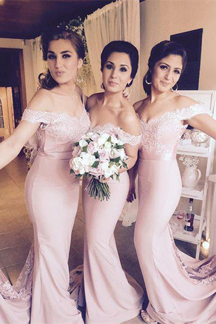 Mermaid Off Shoulder Pink Long Bridesmaid Dress with Lace Train