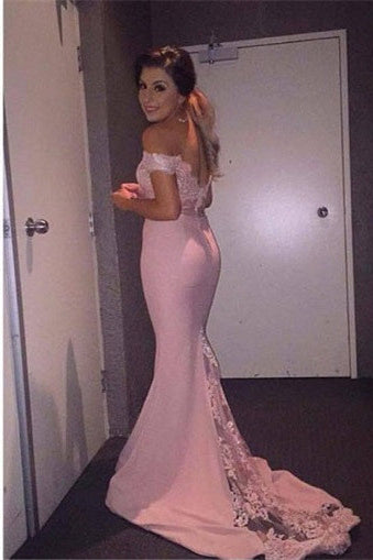 Mermaid Off Shoulder Pink Long Bridesmaid Dress with Lace Train