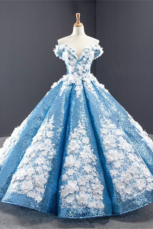 Off the Shoulder Blue and White Ball Gown