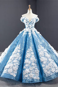 Off the Shoulder Blue and White Ball Gown