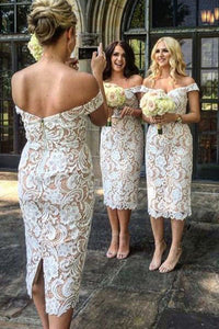 Off the Shoulder White Lace Tea Length Bodycon Bridesmaid Dress