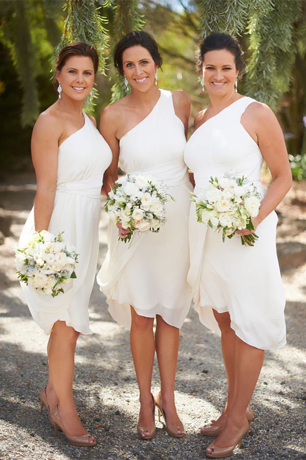 White bridesmaid dresses short best sale