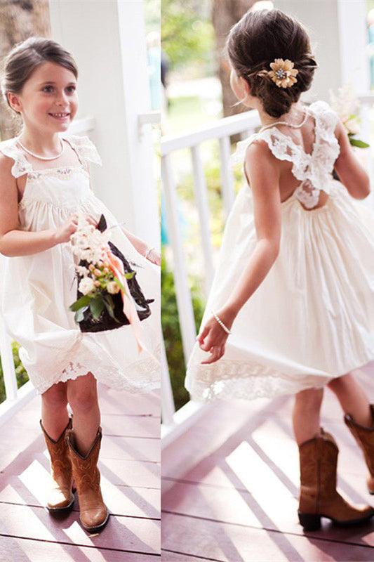 Pretty A-line Knee Length White Beach Flower Girl Dress