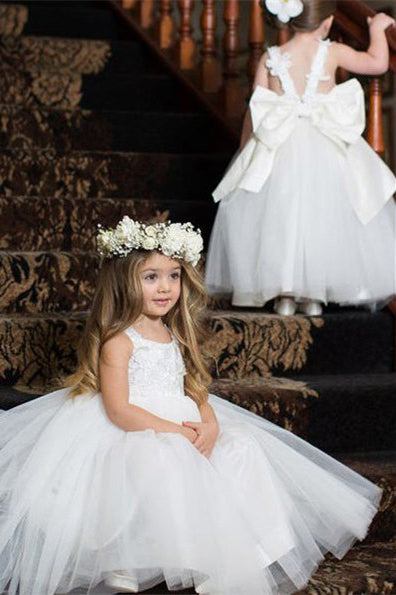 Princess Ball Gown White Tulle Flower Girl Dress with Bow Knot