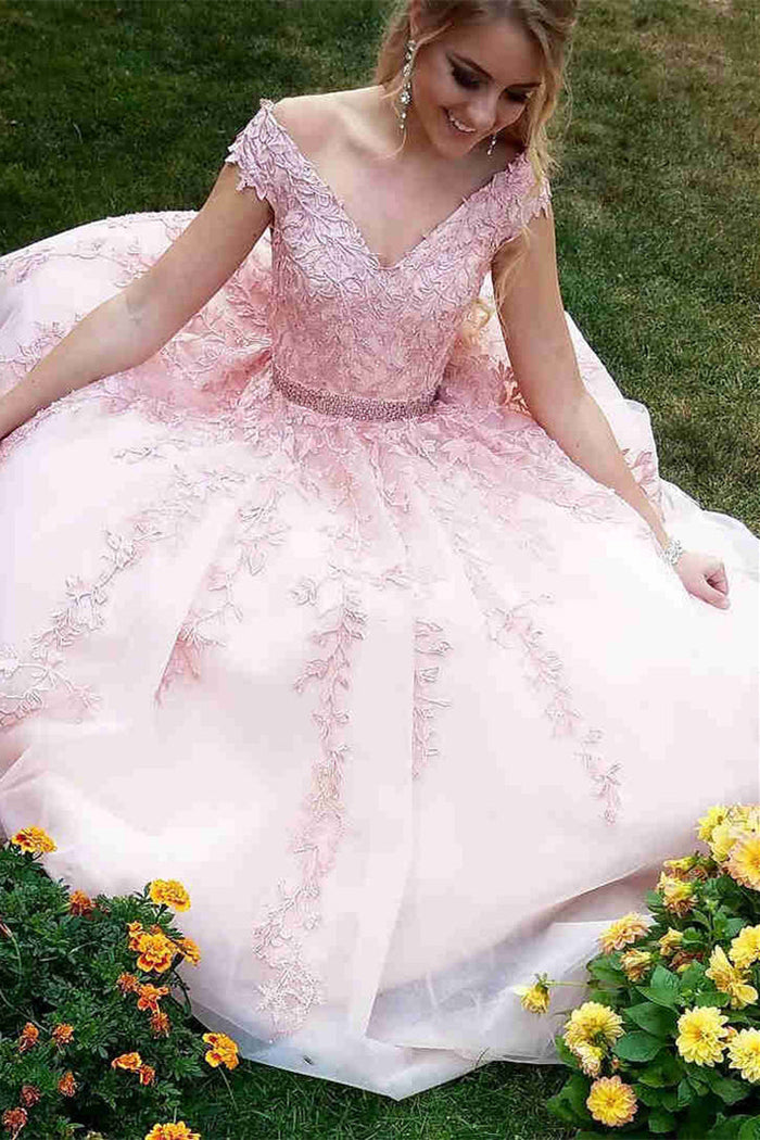 Princess V Neck Pink Lace Appliques Long Prom Dress with Cap Sleeves