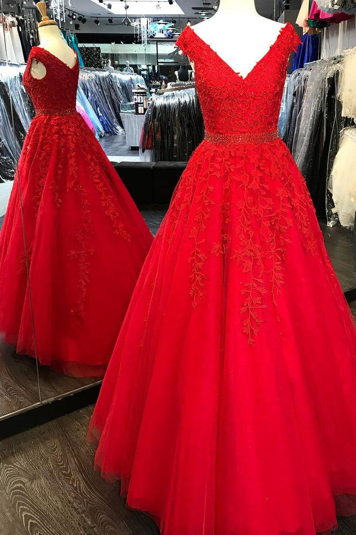 Princess V Neck Red Lace Appliques Long Prom Dress with Cap Sleeves