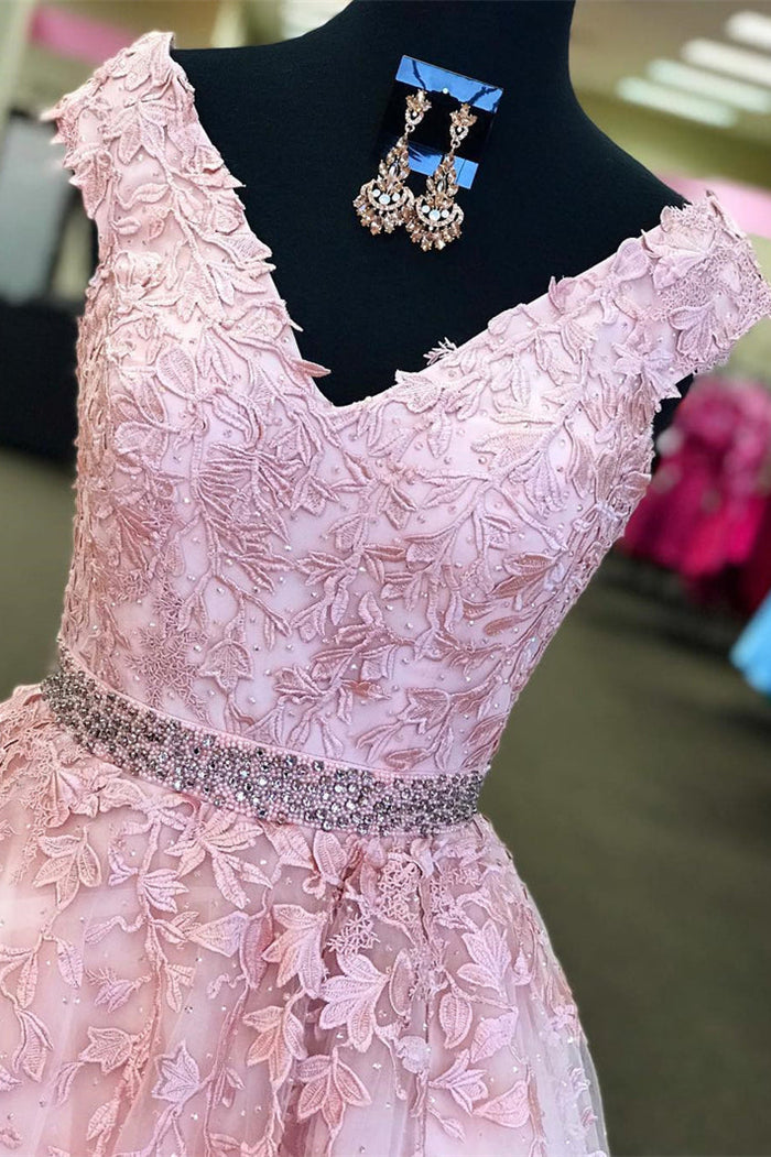 Princess V Neck Pink Lace Appliques Long Prom Dress with Cap Sleeves