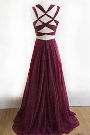 Elegant Two Piece Long Burgundy Chiffon Prom Dress Formal Evening Dress