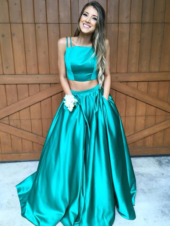 Elegant Two Piece Straps Teal Long Prom Dress Ball Gown