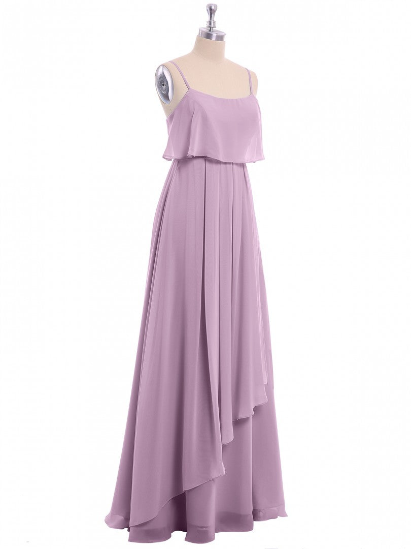 Lavender Chiffon Spaghetti Straps Ruffled A-Line Long Dress