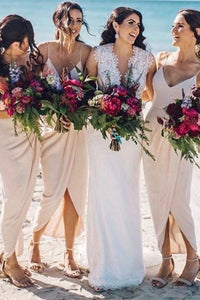 Sexy Spaghetti Straps Tea Length Beige Bridesmaid Dress