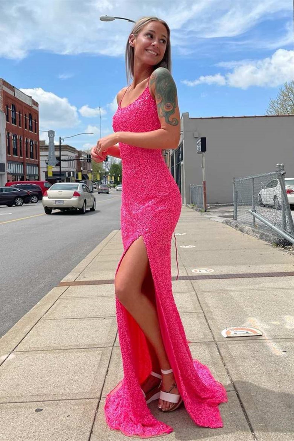 Glitters Hot Pink Mermaid Long Prom Dress with Slit