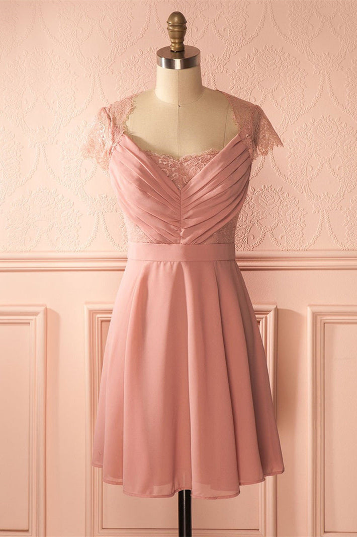 Short Cap Sleeves Pink Chiffon Bridesmaid Dress