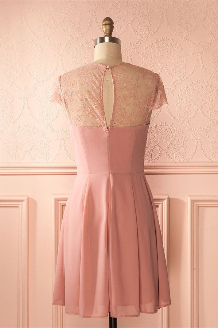 Short Cap Sleeves Pink Chiffon Bridesmaid Dress