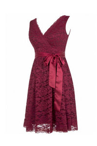 Short V Neck Burgundy Lace Bridesmaid Dress with Sash