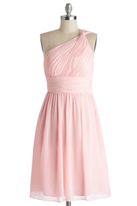 Simple A-Line One Shoulder Short Pink Chiffon Bridesmaid Dress