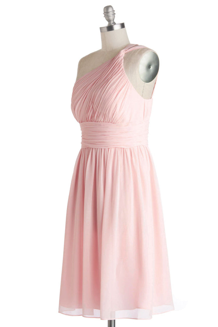 Simple A-Line One Shoulder Short Pink Chiffon Bridesmaid Dress