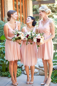 Simple V Neck Short Chiffon Pink Bridesmaid Dress