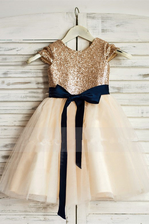 Sparkly Gold Sequins Flower Girl Dress with Navy Blue Sash Dreamdressy