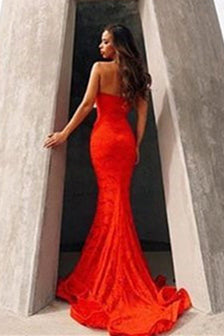 Strapless Mermaid Red Long Lace Evening Dress