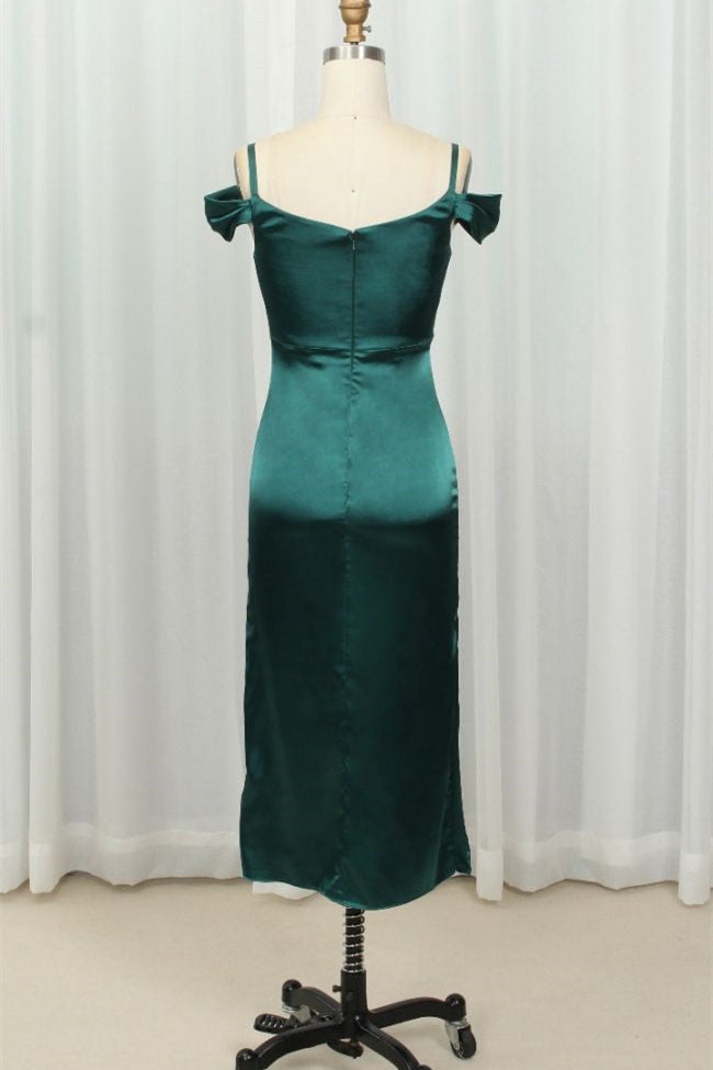 Straps Green Silk Satin Bodycon Midi Dress