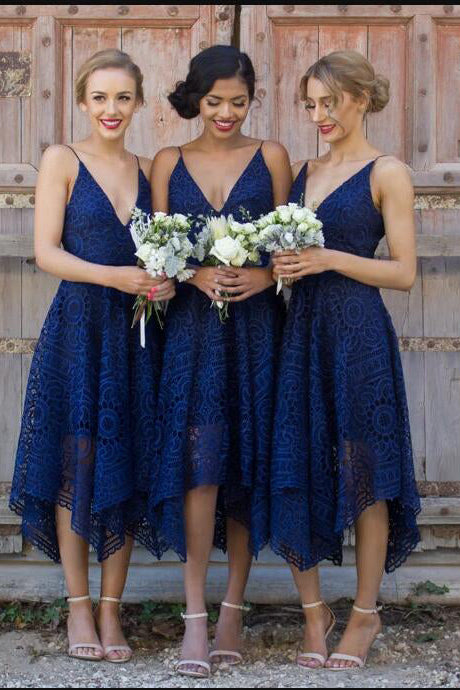 Straps V Neck Tea Length Navy Blue Lace Bridesmaid Dress