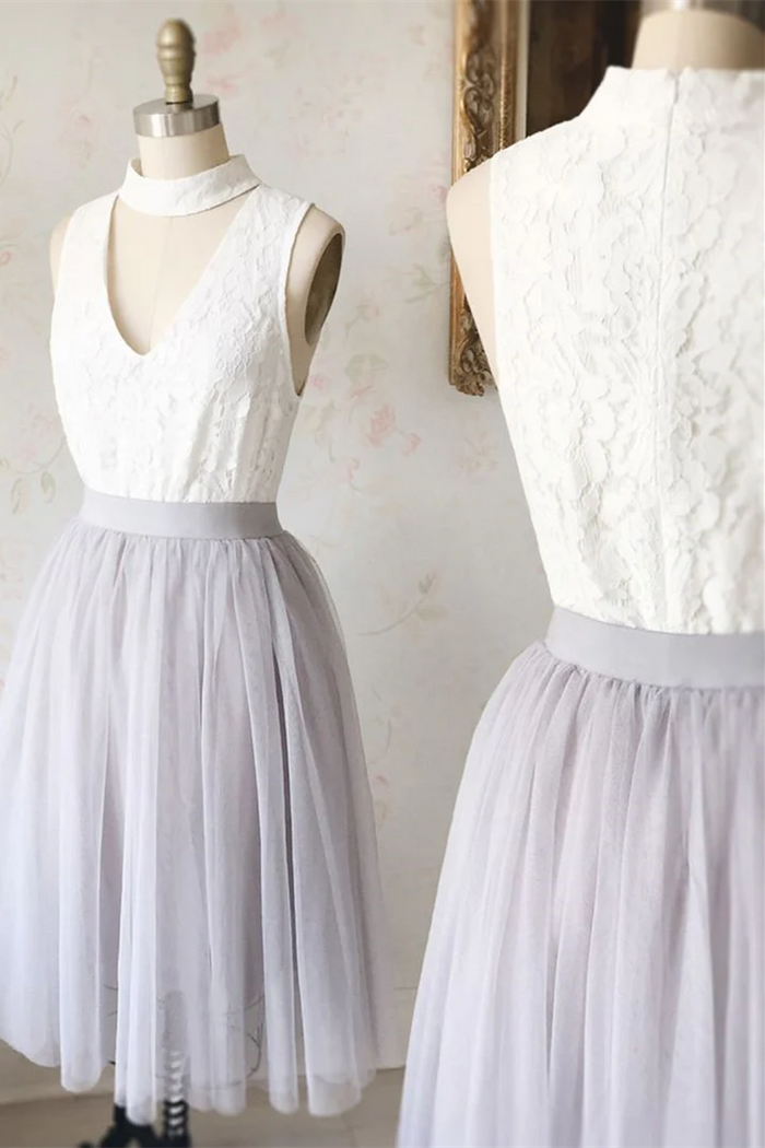 Two Piece Short White and Grey Bridesmaid Dress