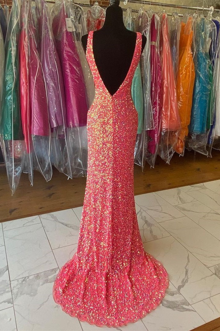 V neck Sequin Mermaid Long Prom Dress