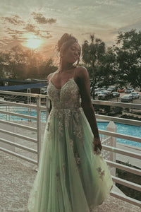 Sage Green Floral Appliques Straps A-Line Prom Dress