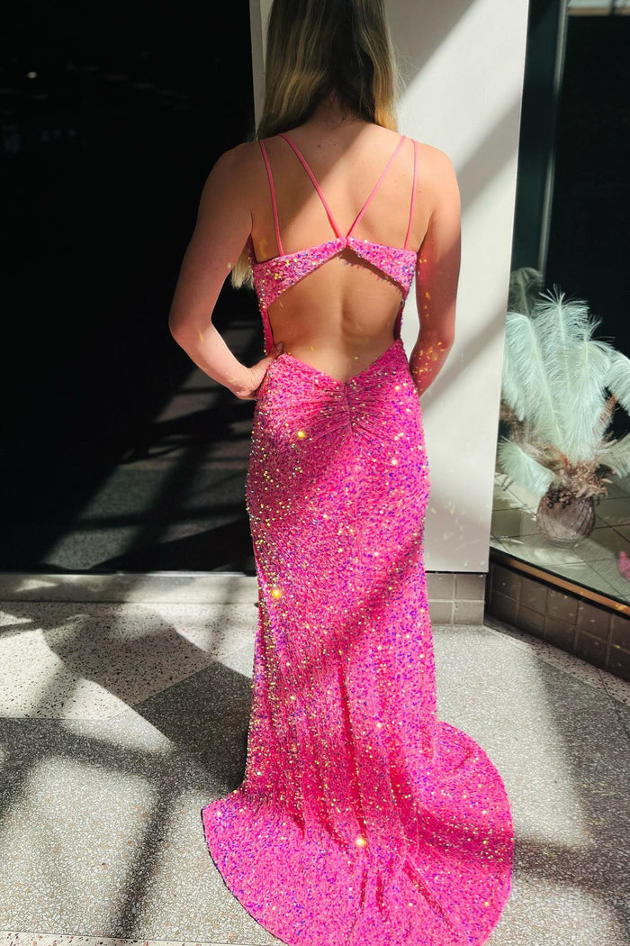 Fuchsia V Neck Double Straps Sequins Cut-Out Long Prom Dress with Slit