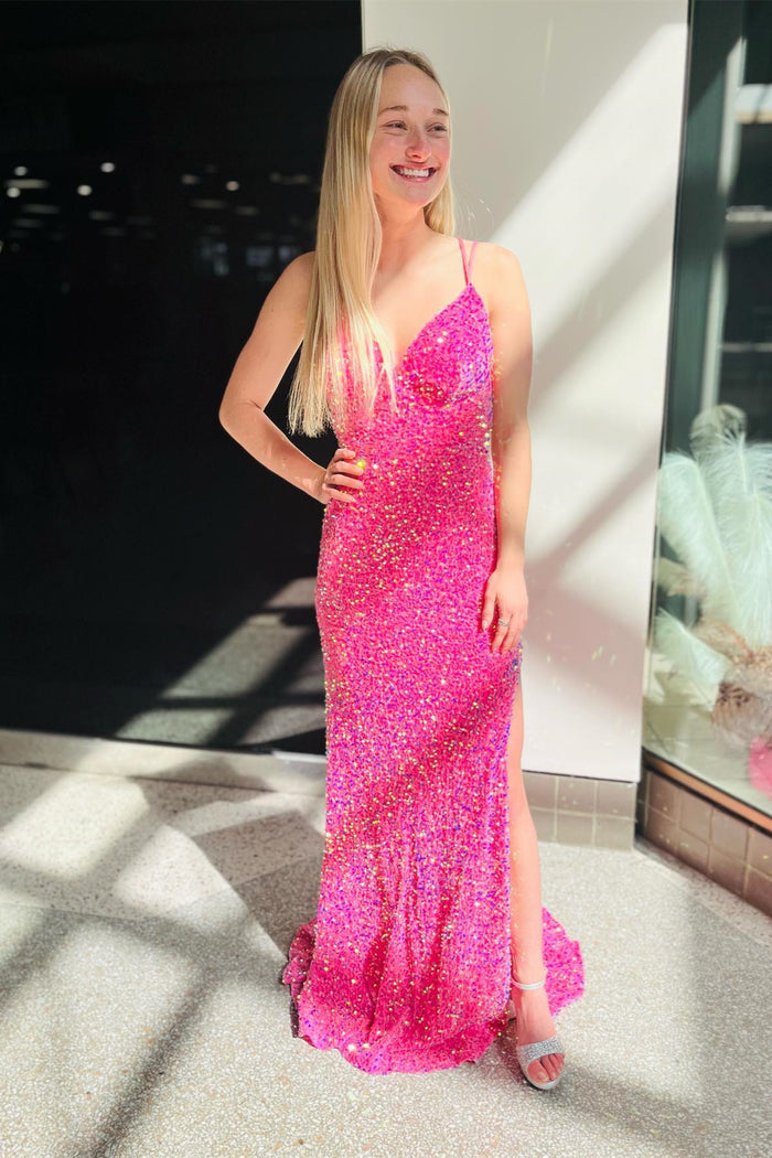 Fuchsia V Neck Double Straps Sequins Cut-Out Long Prom Dress with Slit