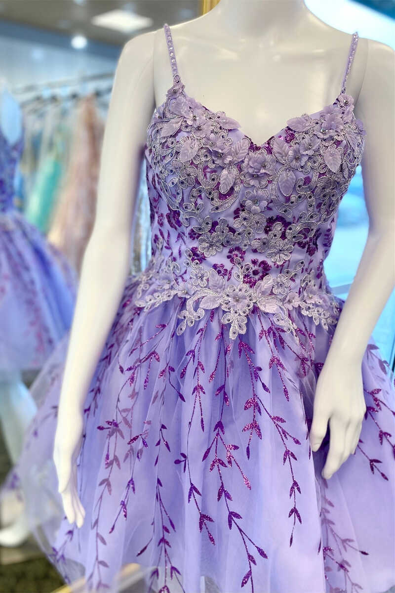 Lavender Floral Appliques A-Line Homecoming Dress